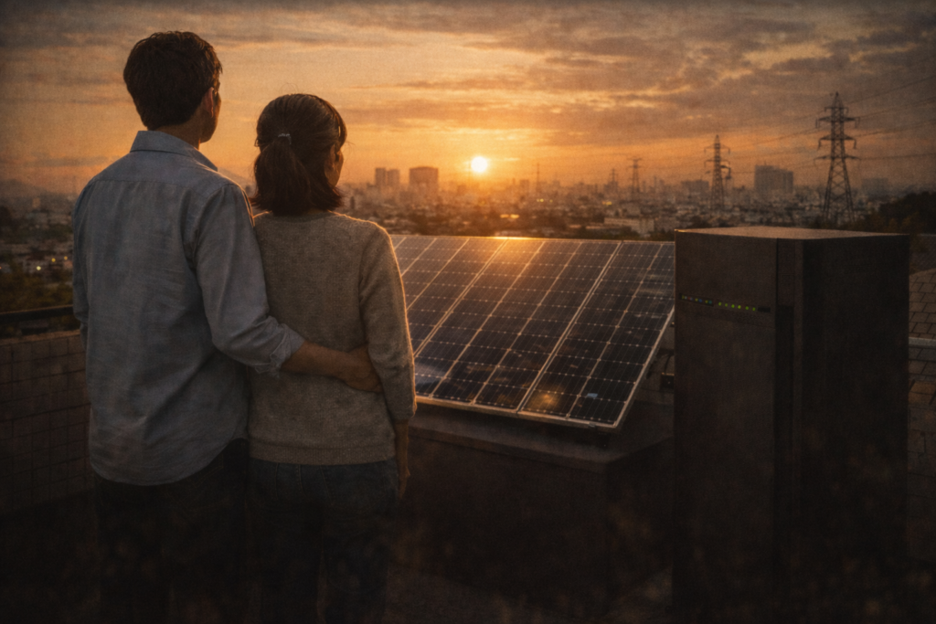 太陽光と蓄電池で安心して暮らす家庭のイメージ